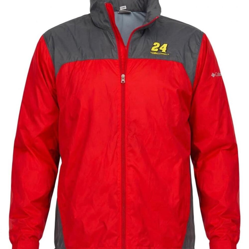 Jeff Gordon 24 Columbia NASCAR Jacket Mens L Red Windbreaker Racing Dupont